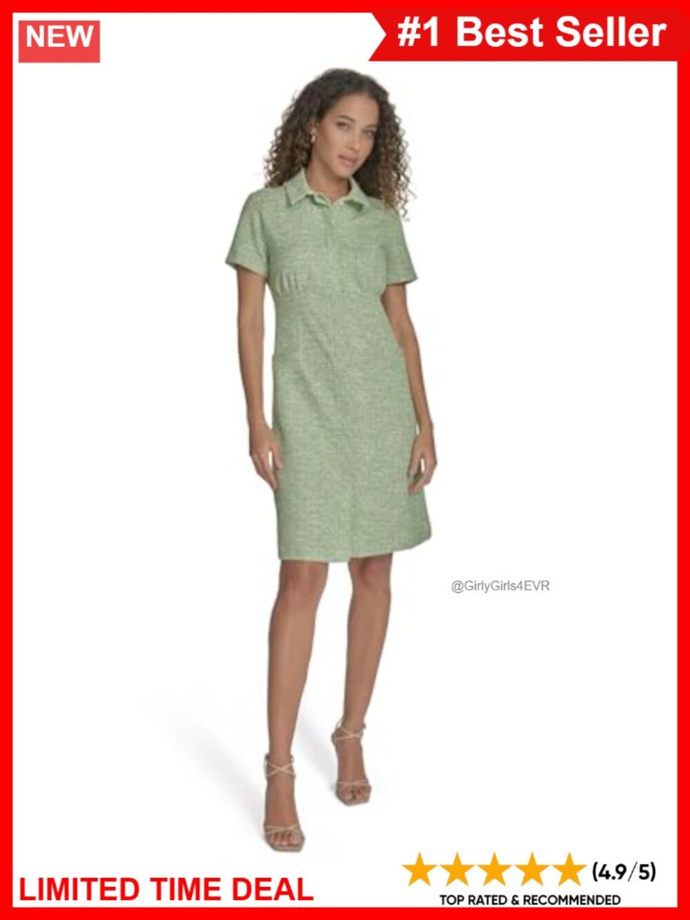 Tweed Short Sleeve Collared Knee Length Shift Shirtdress